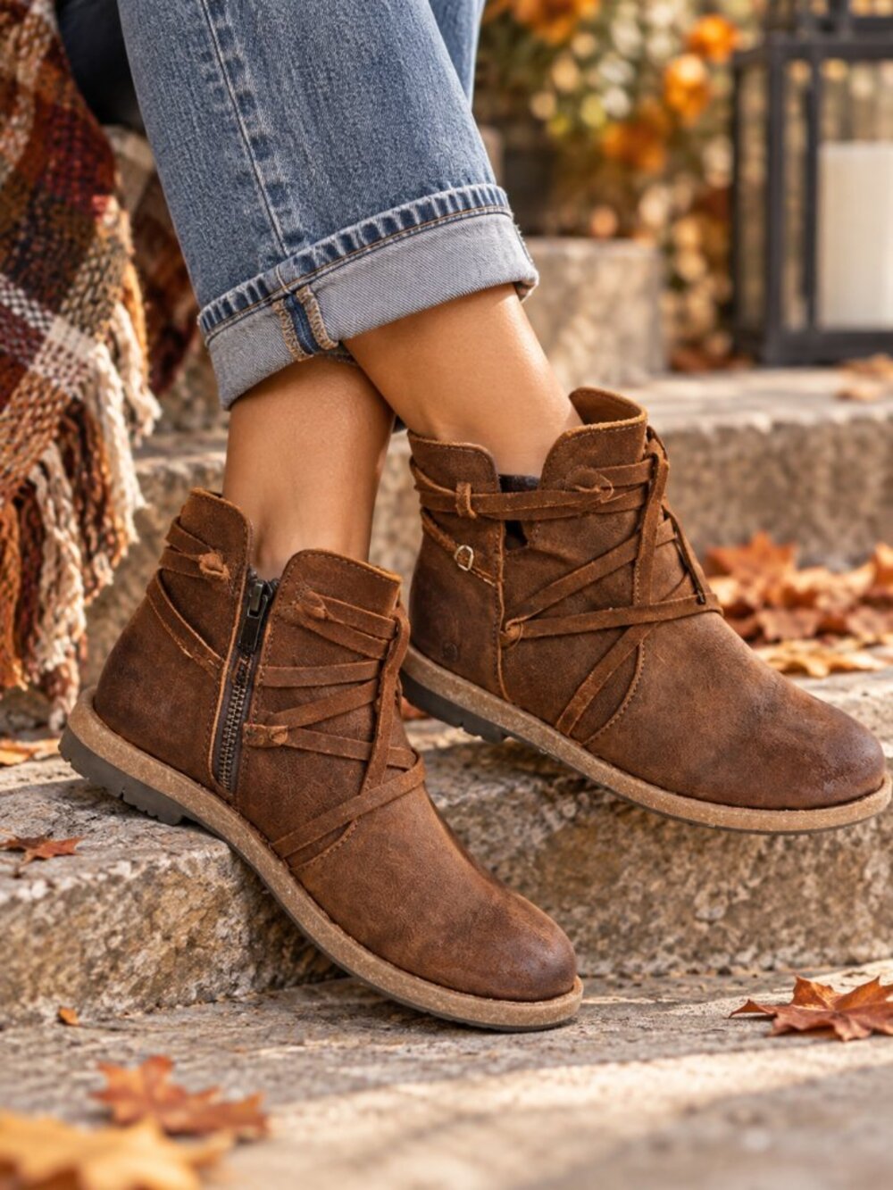 Born Tarkiln Brown Suede Leather Ankle Boots 8 Boho Strappy Side Zip